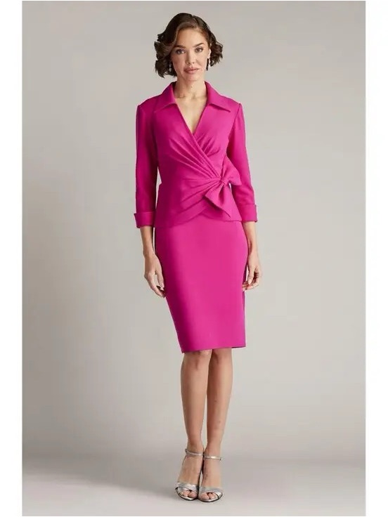 Tadashi Shoji Seaver Mock Two-Piece Collared Side Bow V-Neck Dress Lotus Pink L
